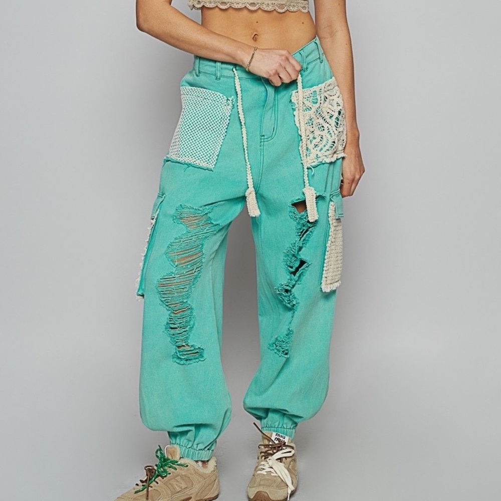New POL Clothing Distressed Joggers Womens Sweatpants Teal Oversized Denim Pants - Picture 1 of 8